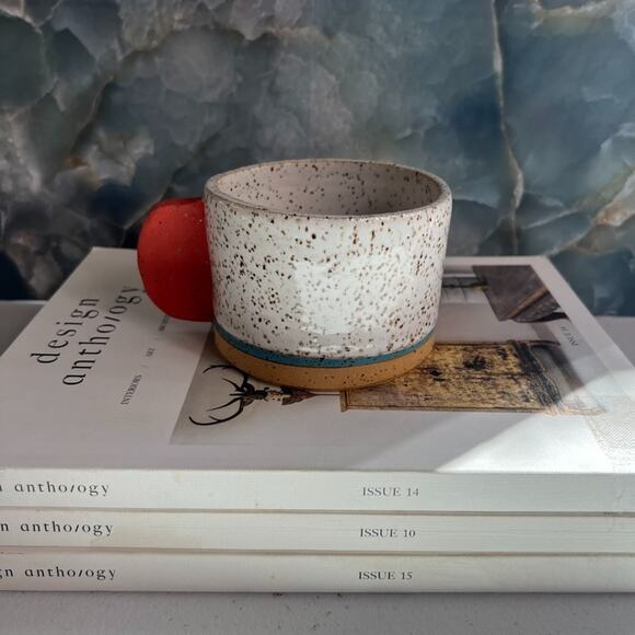 Studio Art Pottery Hand Thrown Mug 3" Speckled White Black Unique Orange Handle - Picture 4 of 12